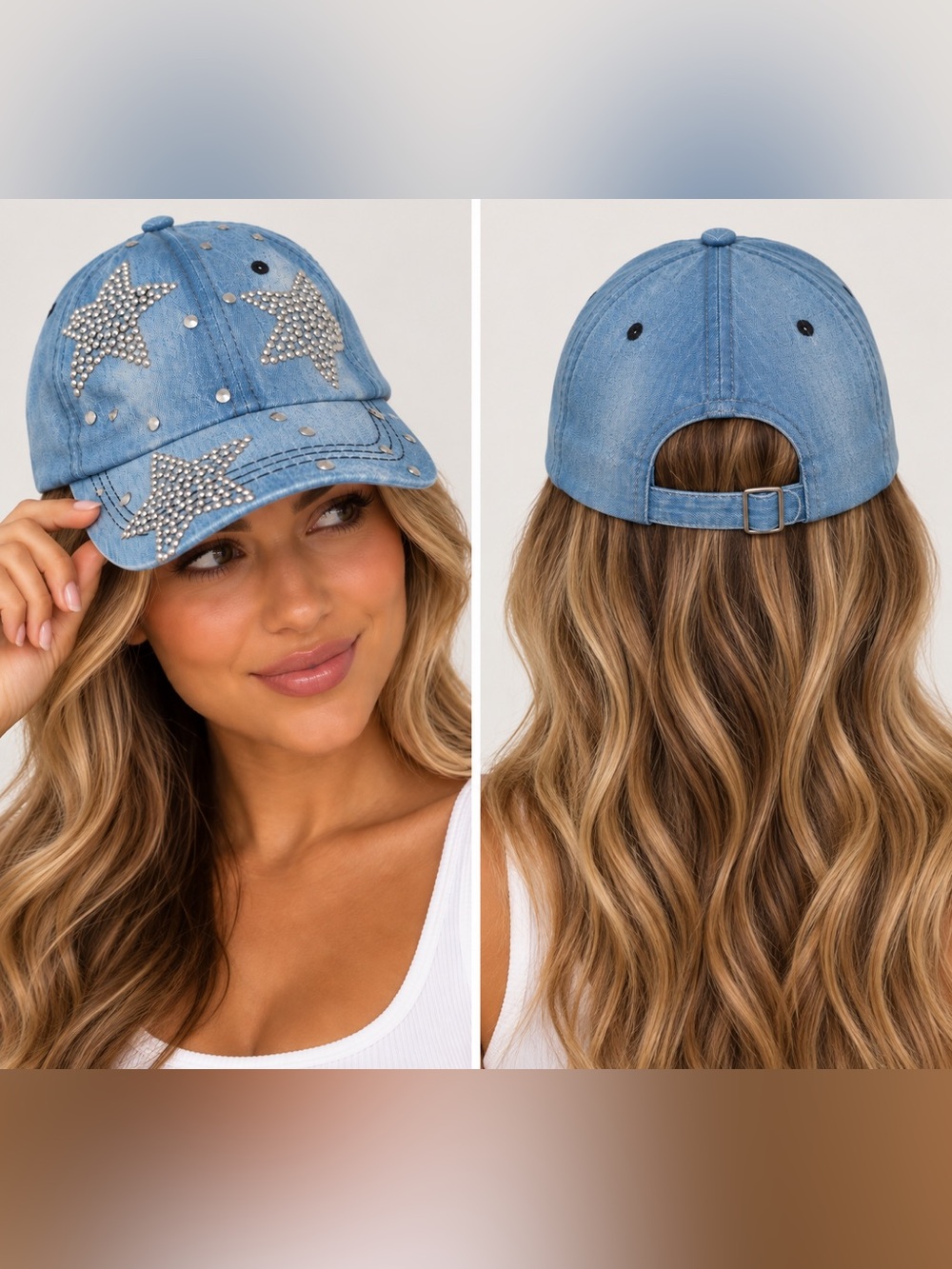 Studded Star Denim Baseball Cap - Light Blue